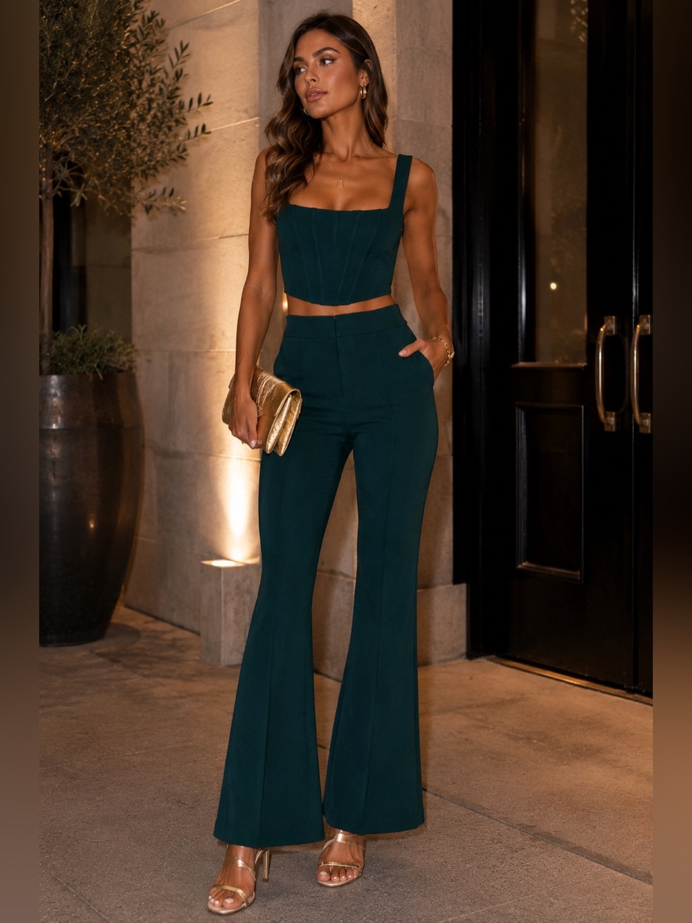 Showpo Emerald Green Corset Crop Top & Flare Pants Matching Set | US 6